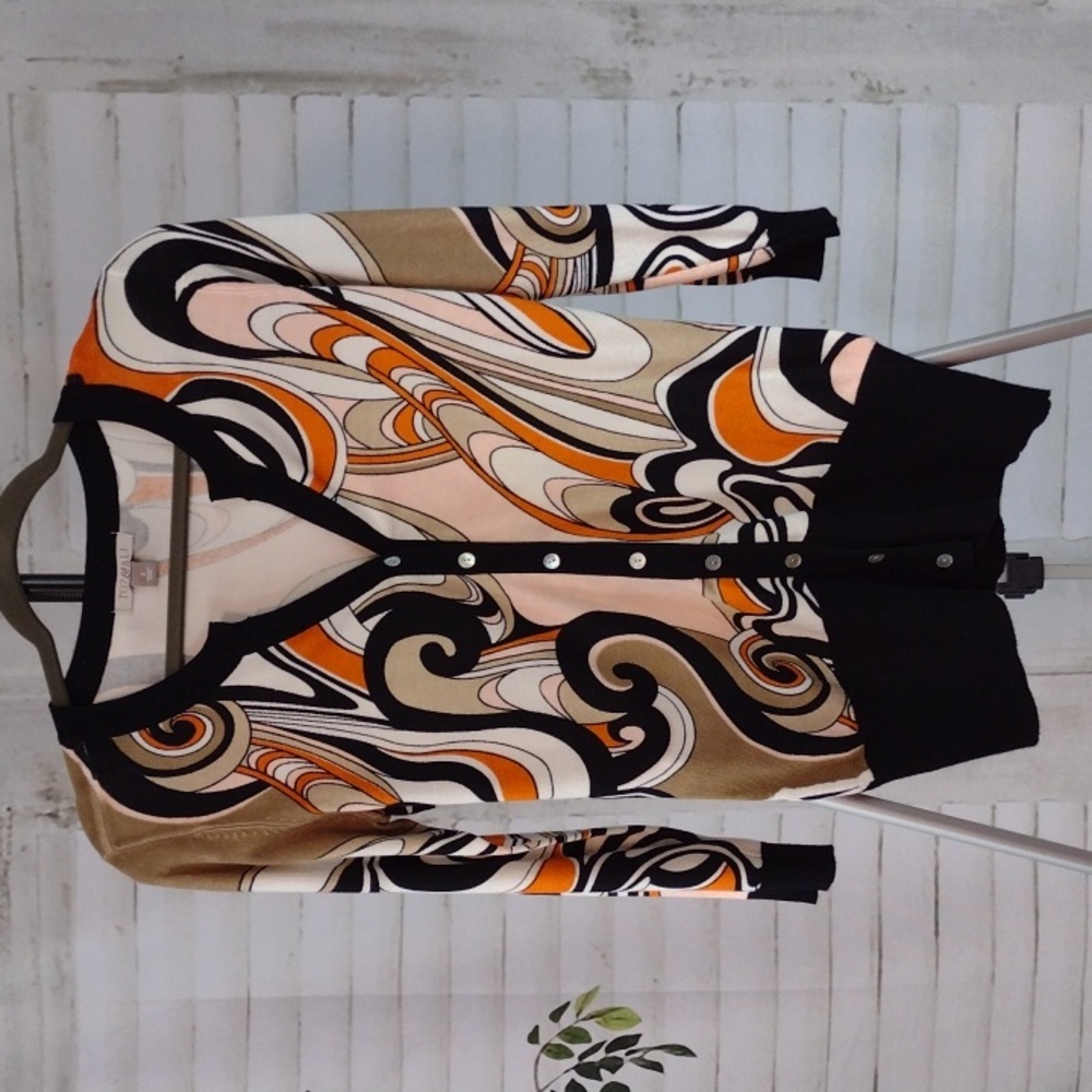 Roz & Ali Abstract Pattern Button Up 3/4 Sleeve Cardigan Size S